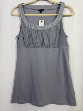 Express Sleeveless Pleated Tank Top Sequin-Trim Scoop Shirt Babydoll Blouse